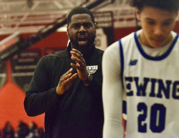 Ewing coach Paul Jones reacts on the sideline against Trenton...